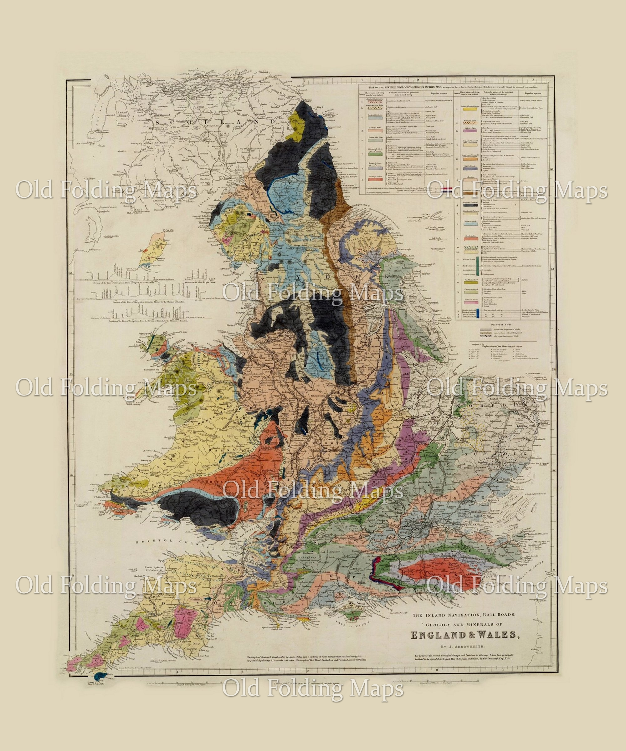 'A Geological Map of England & Wales' circa 1842 reproduction map laid on cloth in slipcase