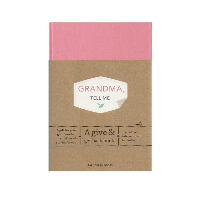 Book titled 'Grandma, Tell Me' with pink and brown cover on a white background
