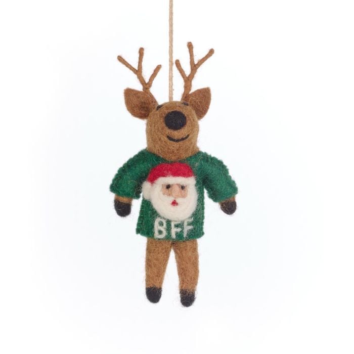 Felt reindeer ornament wearing a sweater with a Santa face and 'BFF' text on a white background.