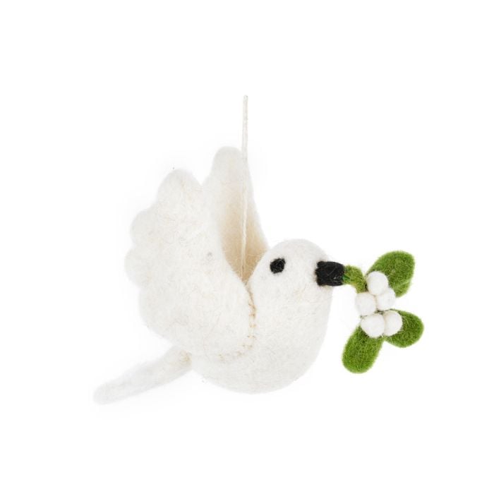 White felt dove decoration with a green leaf and white berries on a white background