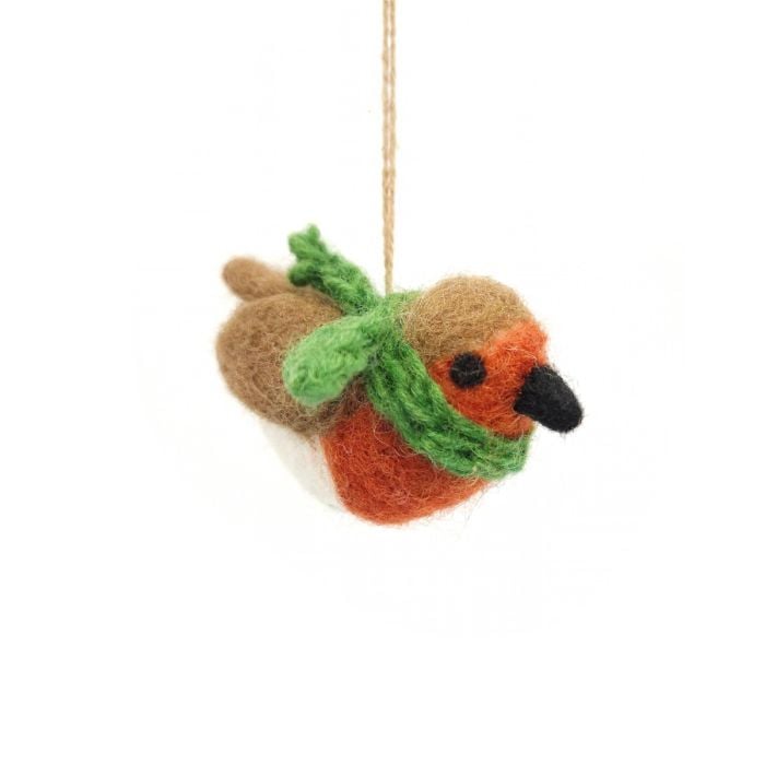 Felted wool robin decoration hanging on a white background