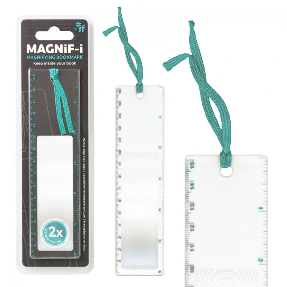 Magnifying bookmark with ruler and string, shown in packaging and unpackaged on a white background.