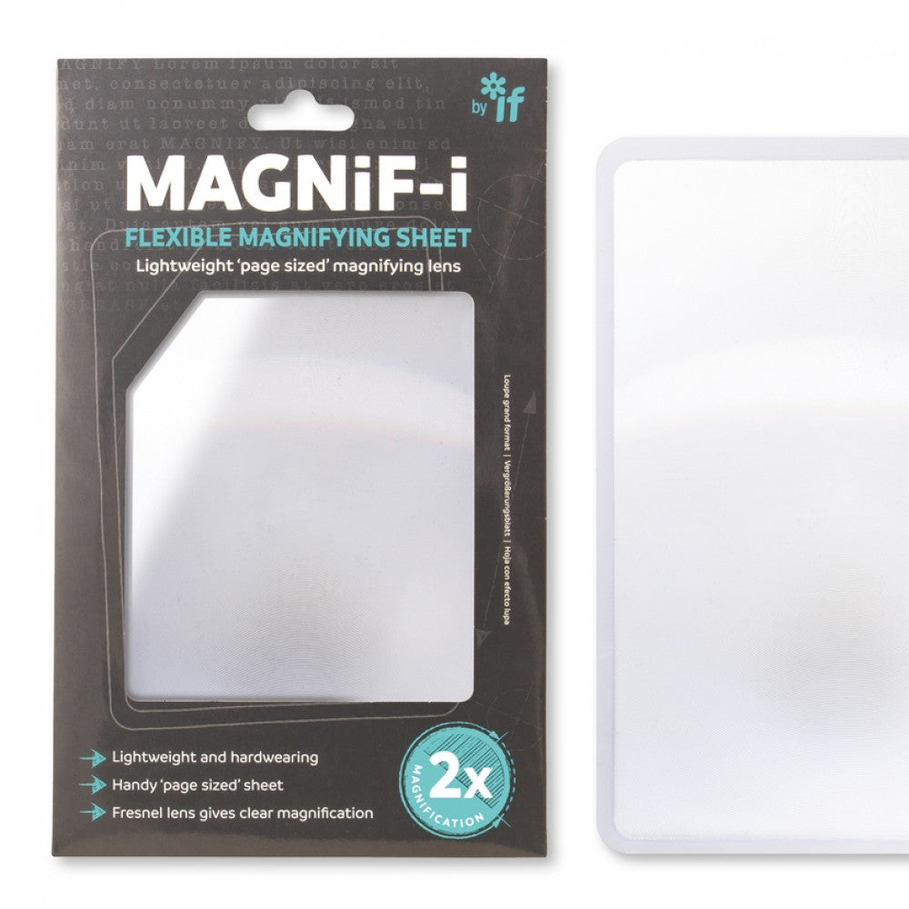 MAGNiF-i flexible magnifying sheet packaging with lens on a white background
