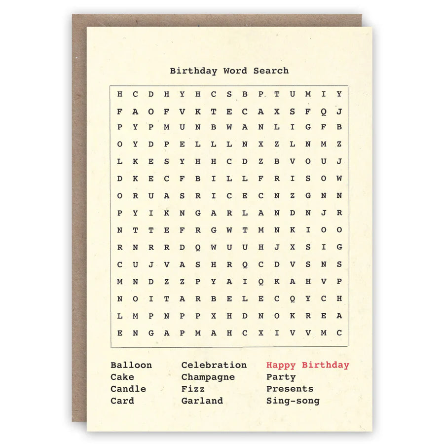Birthday Card showing a word search puzzle 