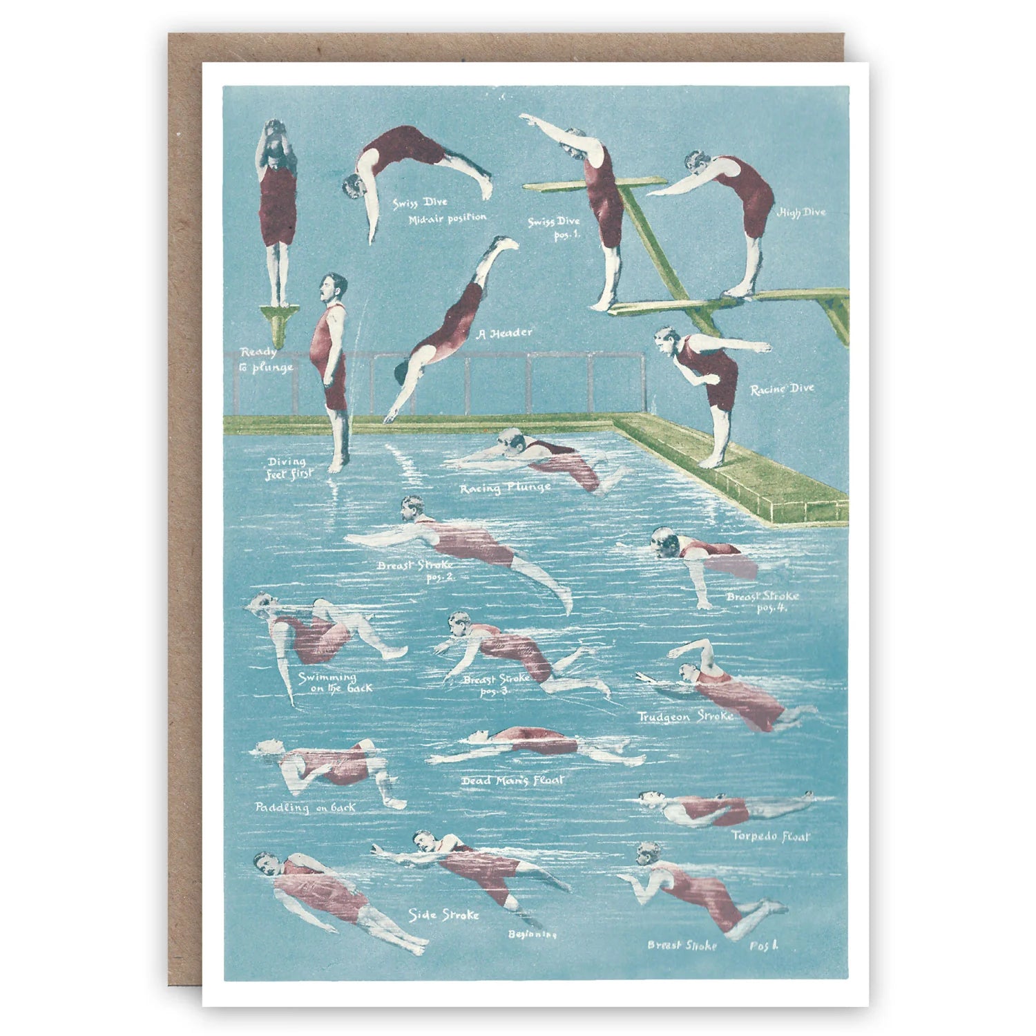 Greeting card depicting swimming strokes