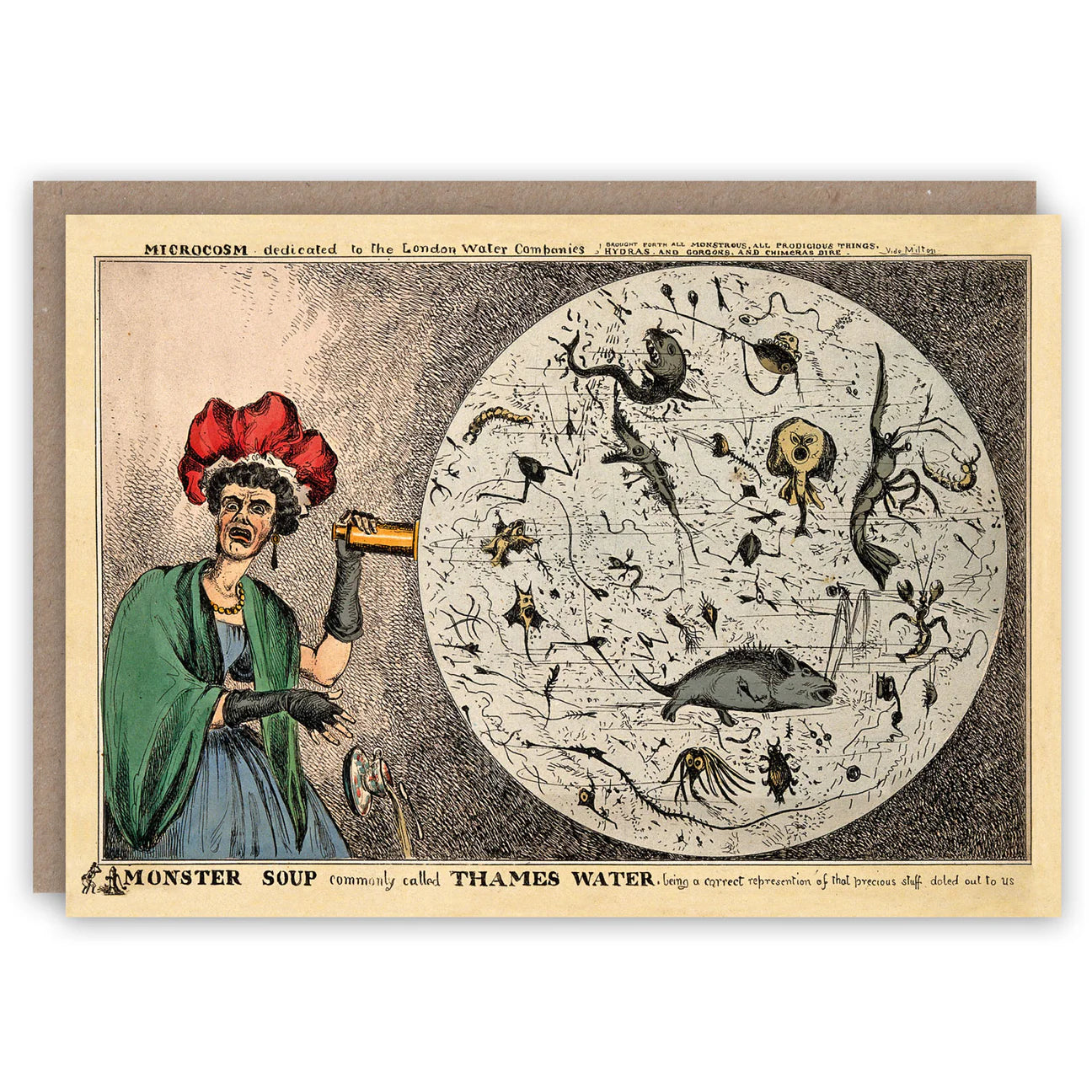 Vintage-style card with a woman holding a beaker and an illustration of monsters in a circle, labeled 'Monster Soup'.