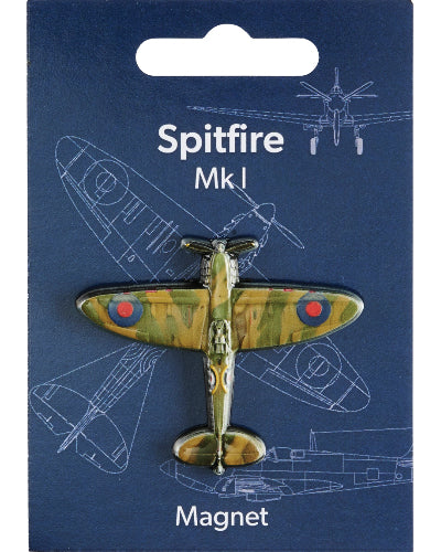 Spitfire Mk I magnet on a blue card with airplane illustrations