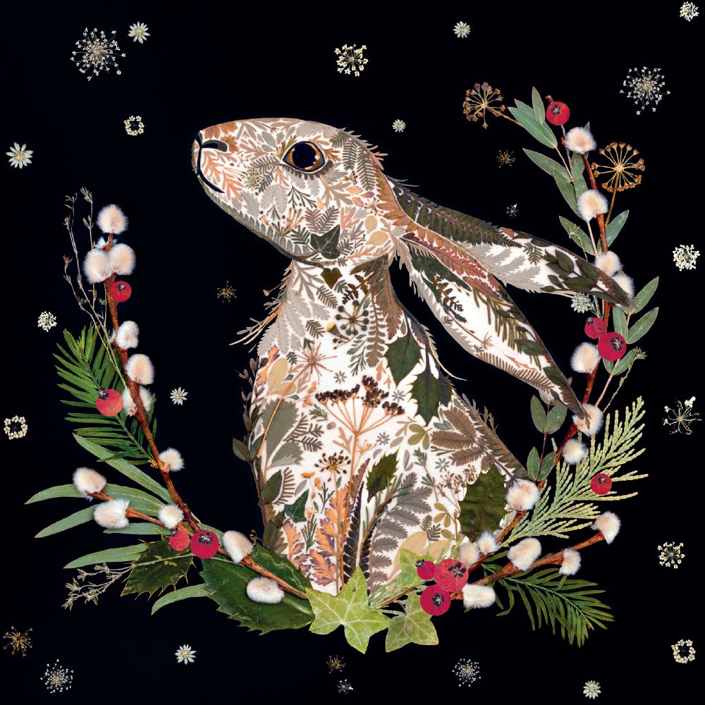 Decorative illustration of a rabbit surrounded by flowers and leaves on a black background