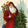 Vintage-style illustration of Santa Claus with a sack of toys and a tree in a snowy landscape.