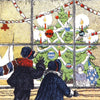 Two children looking at a map of a snowy village with various activities.