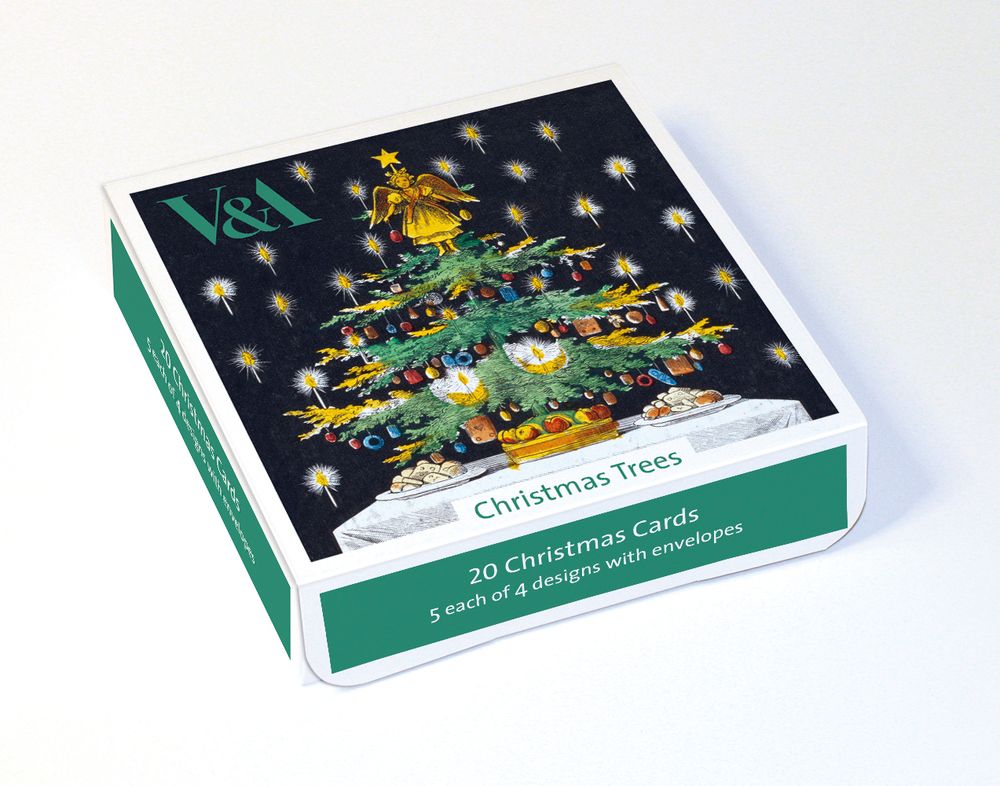 Box of Christmas cards with a Christmas tree design on a white background