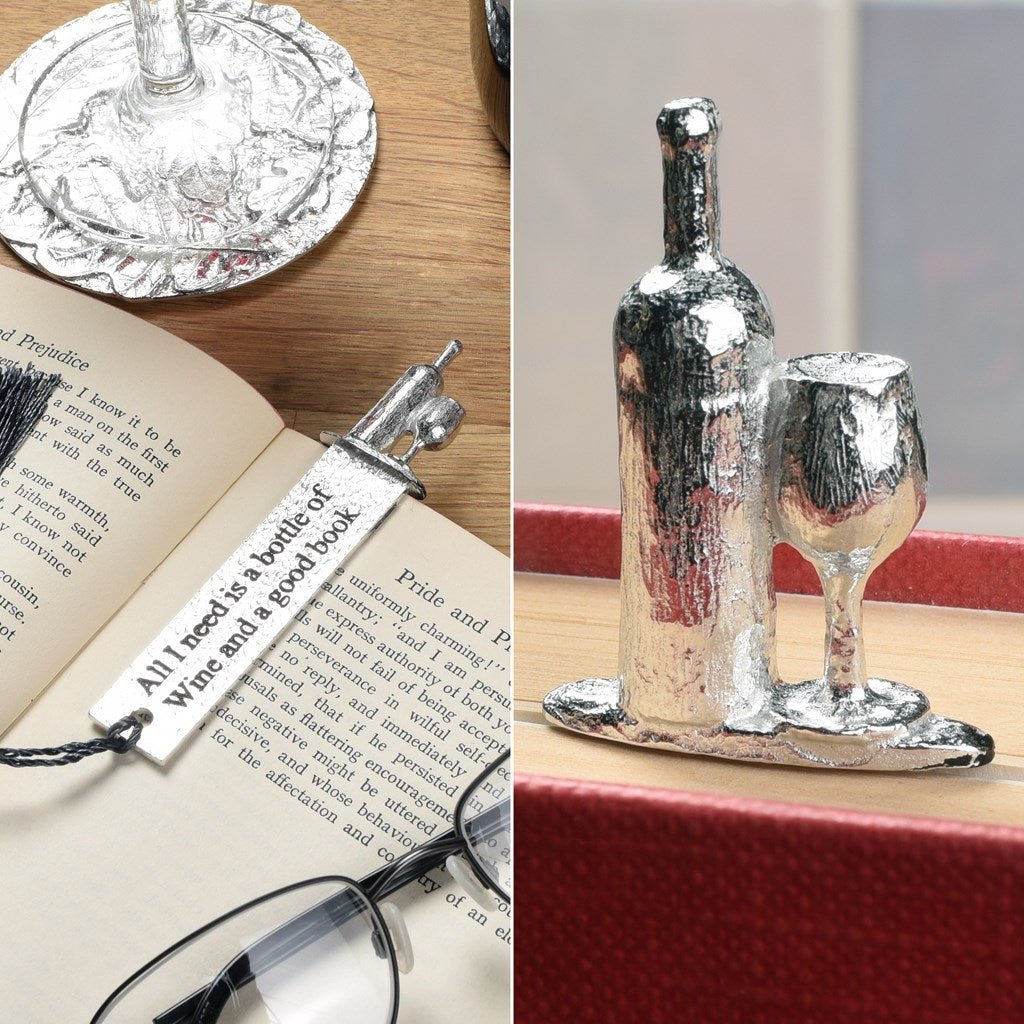 Hand Crafted Wine & Book Lovers Pewter Bookmark on Display