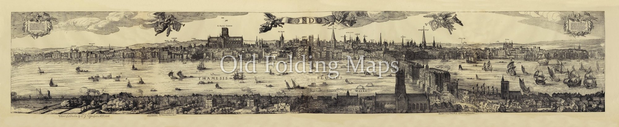Panorama of London by Claes Jan Visscher circa 1616 reproduction print laid on cloth