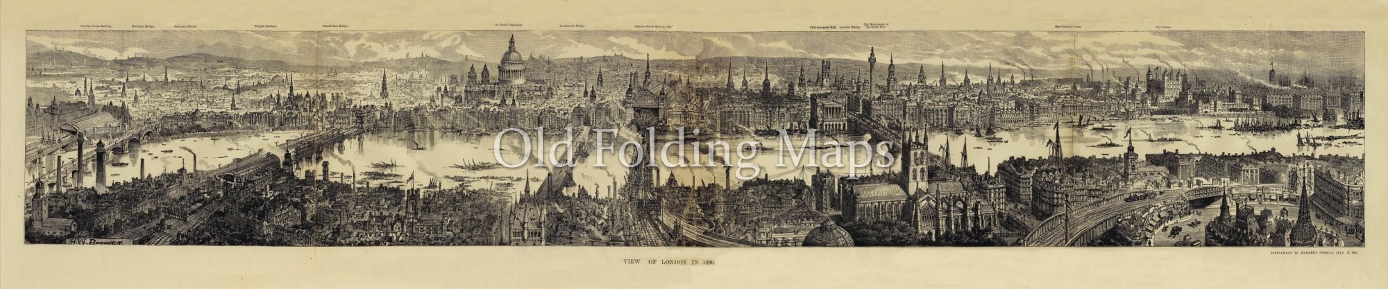 Panorama of London by Harpers Weekly circa 1890 reproduction print laid on cloth