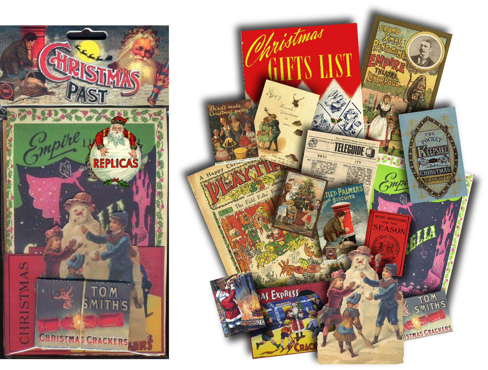 A collection of vintage Christmas themed documents and cards, including a playtime comic and pantomime programmes, reproduced as collectible items.