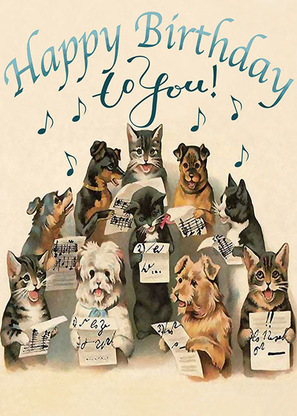 'Cat and Dog Birthday Choir' Greetings Card