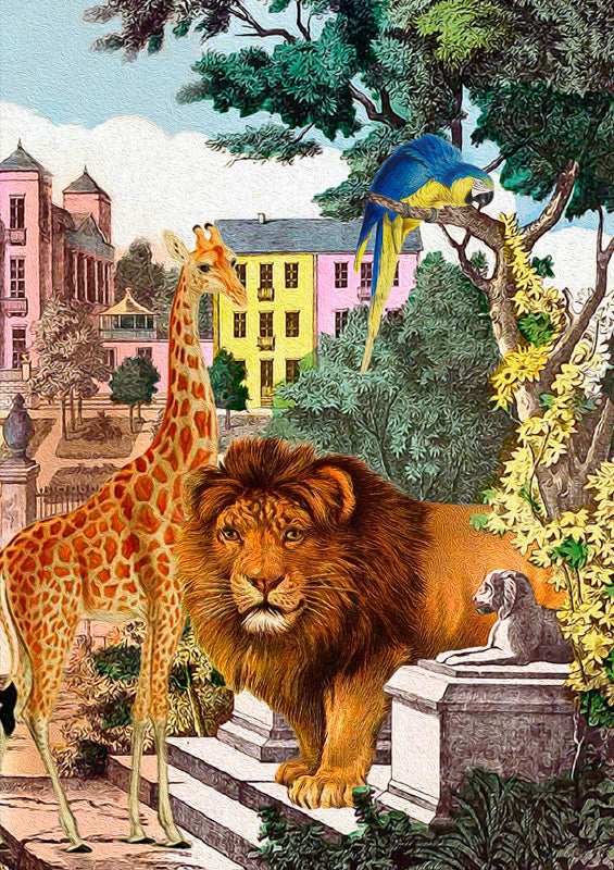 'By the Stone Steps, Lion & Giraffe' Greetings Card
