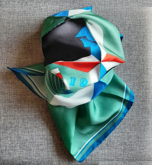 Festival of Britain Teal Silk Square Head Scarf Display