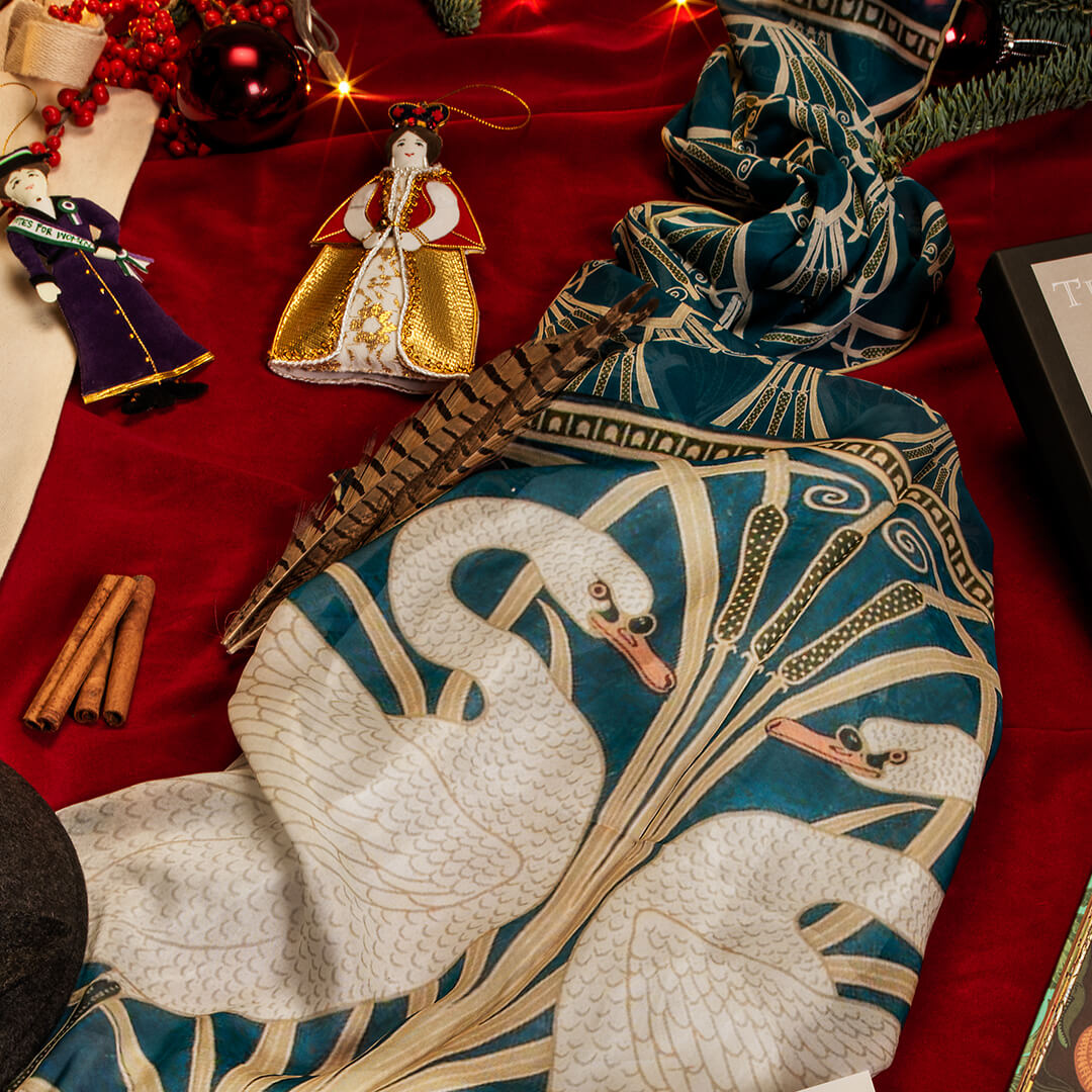 &#39;Swan, Rush &amp; Iris&#39; Silk Scarf Christmas Display