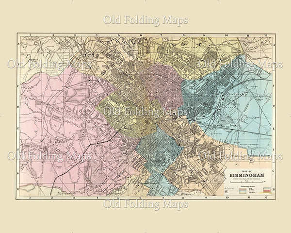 'Old Map of Birmingham' circa 1885 reproduction map laid on cloth presented in slipcase