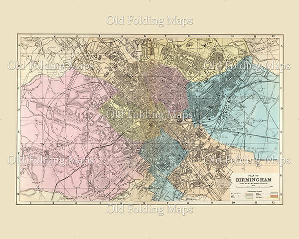 Old map of Birmingham circa 1885 reproduction laid on cloth in slipcase
