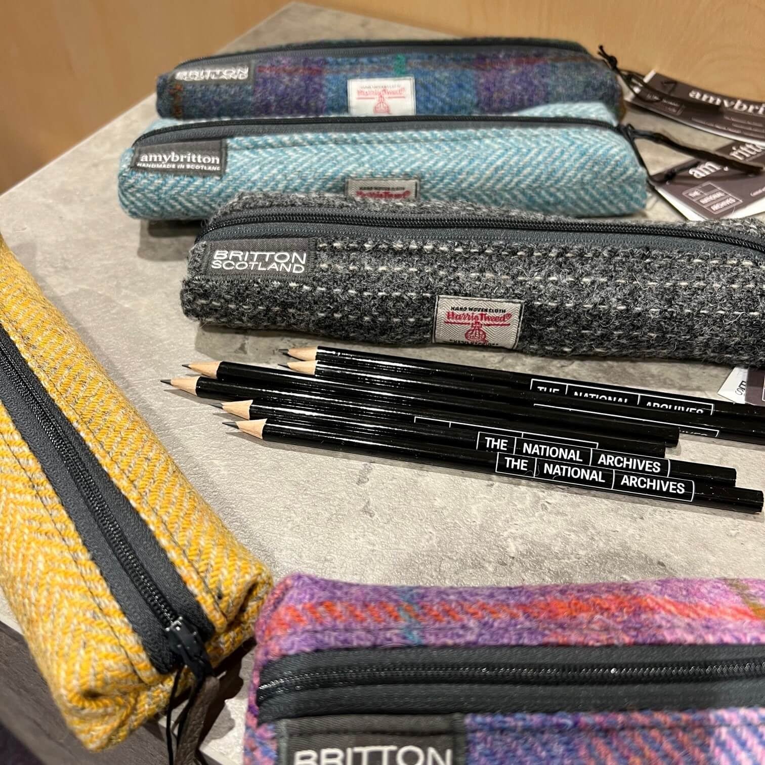 The National Archives Harris Tweed Slim Pencil Case with Six Branded Pencils All Examples