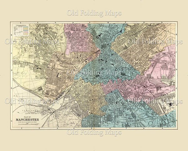 'Old Map of Manchester' circa 1885 reproduction map laid on cloth presented in slipcase